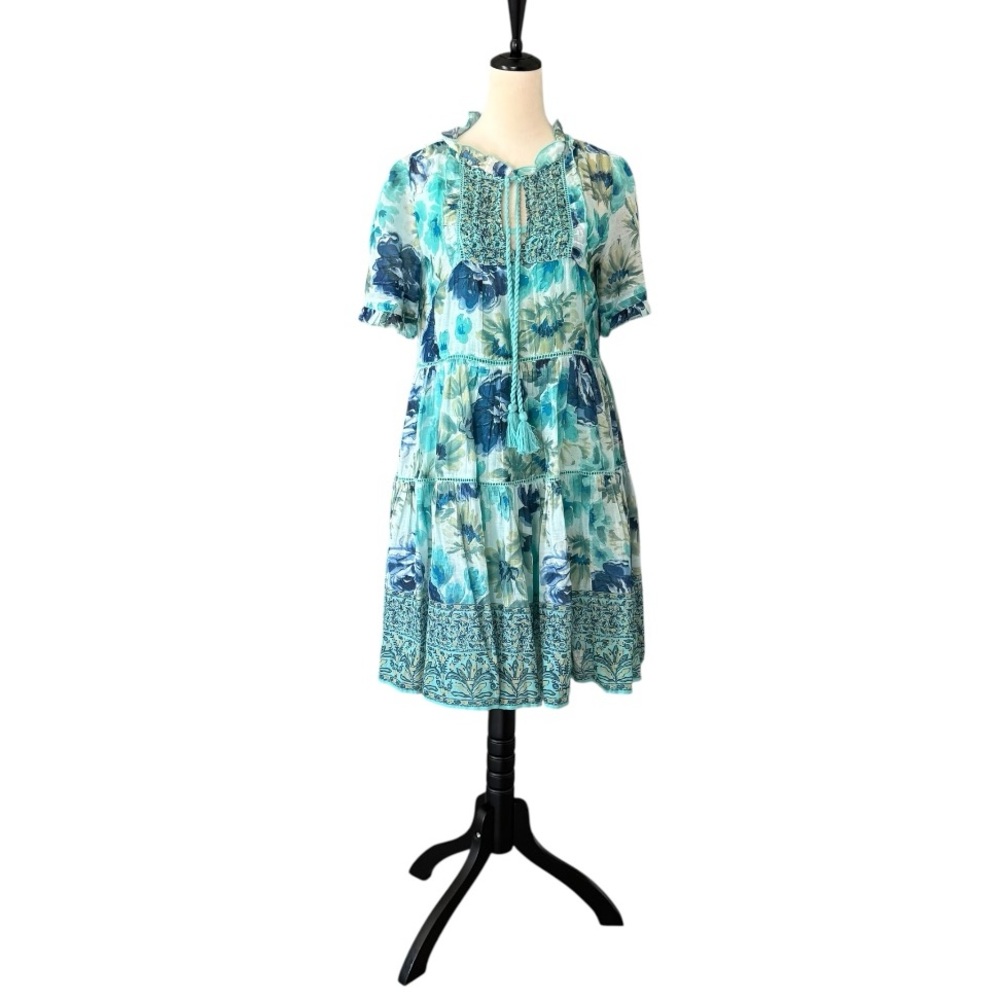 SUNDANCE Fields of Beauty Floral Turquoise‎ Boho 100% Cotton Dress XS